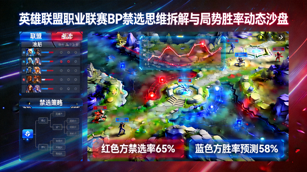 英雄联盟职业联赛BP禁选思维拆解与局势胜率动态沙盘直播画面